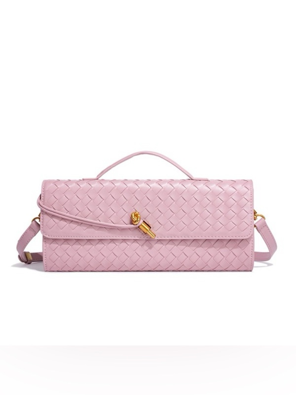 Woven Leather Top-Handle Shoulder Bag in Pink NEW